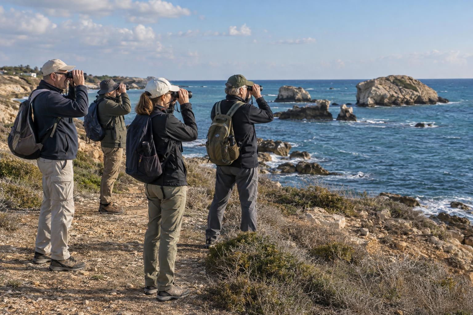 Small group watching birds beside the Mandria coast in Paphos district