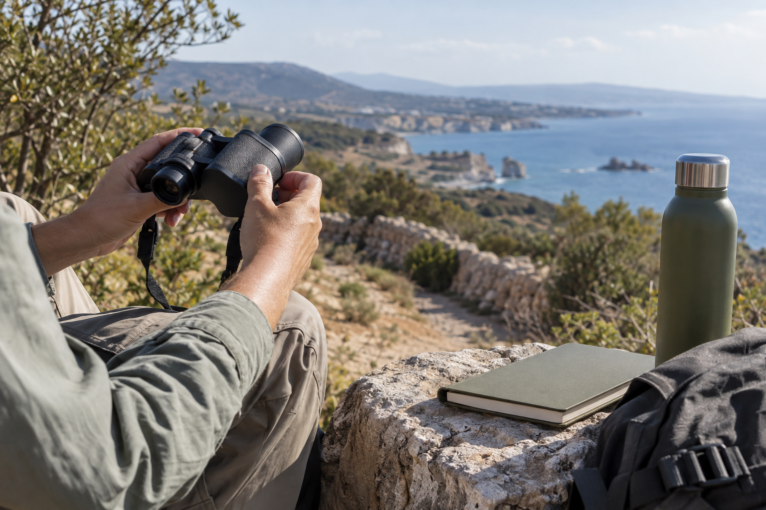 Binoculars, notebook and water bottle prepared for a Paphos birdwatching morning