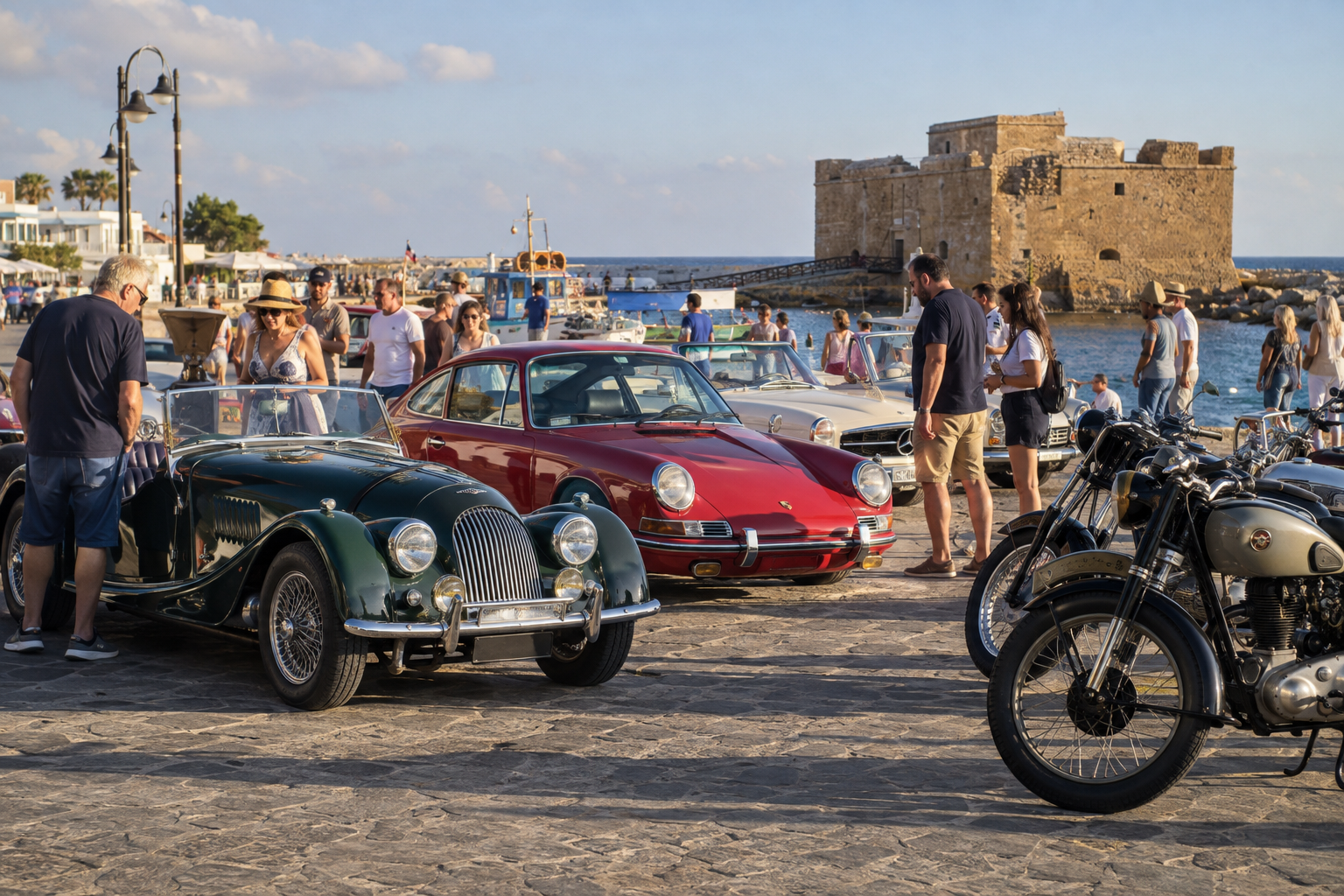 Illustrative classic car and motorcycle gathering at Paphos Harbour