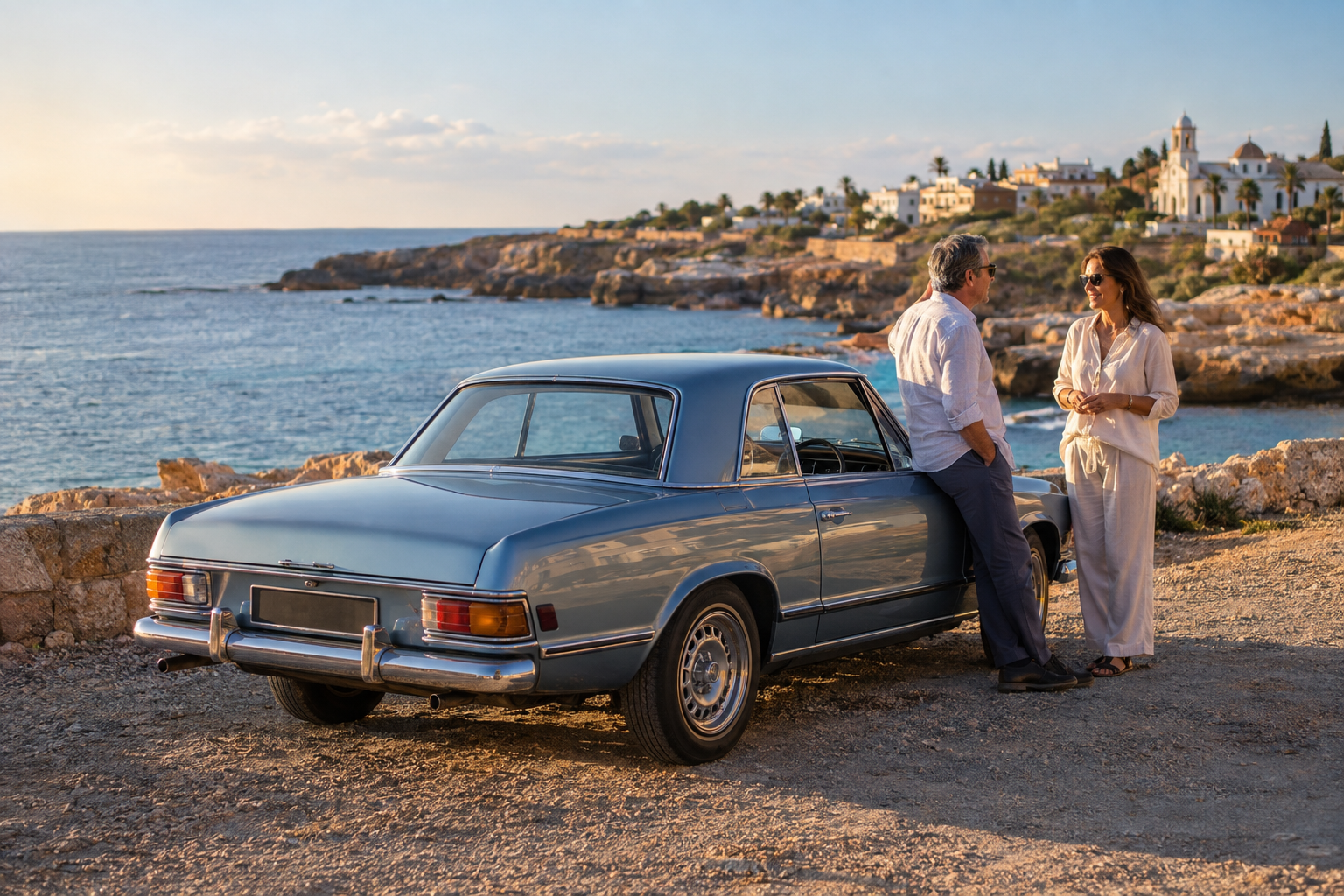 Classic car and relaxed conversation beside the Paphos district coast near Agios Georgios