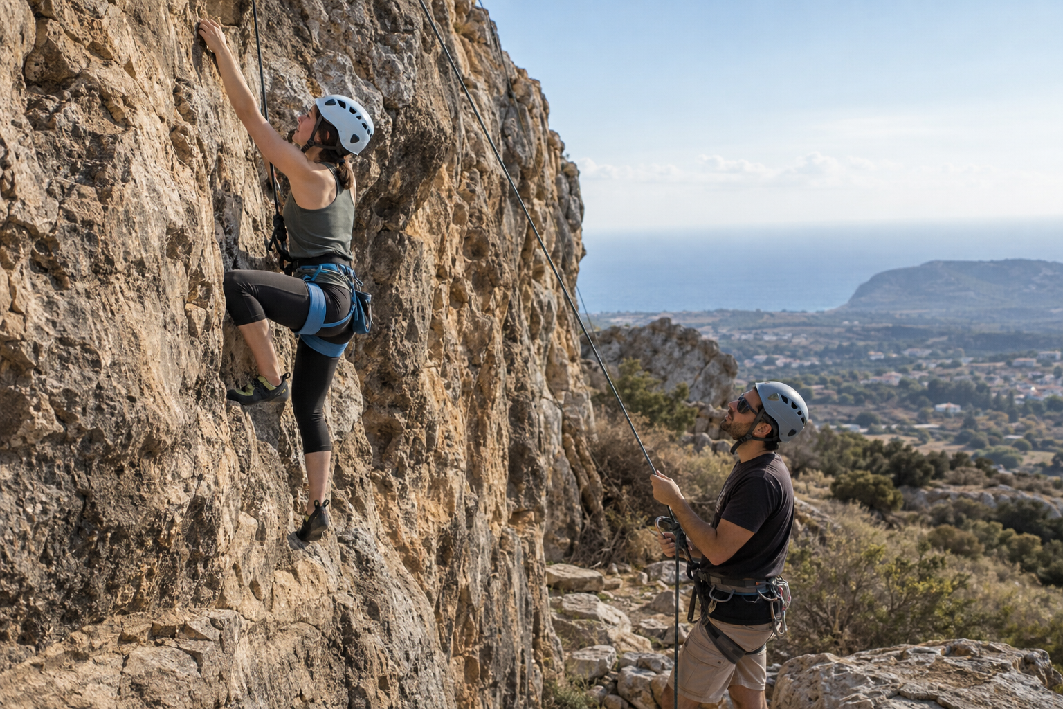 Beginner taking part in a supervised top-rope climbing session near Ineia