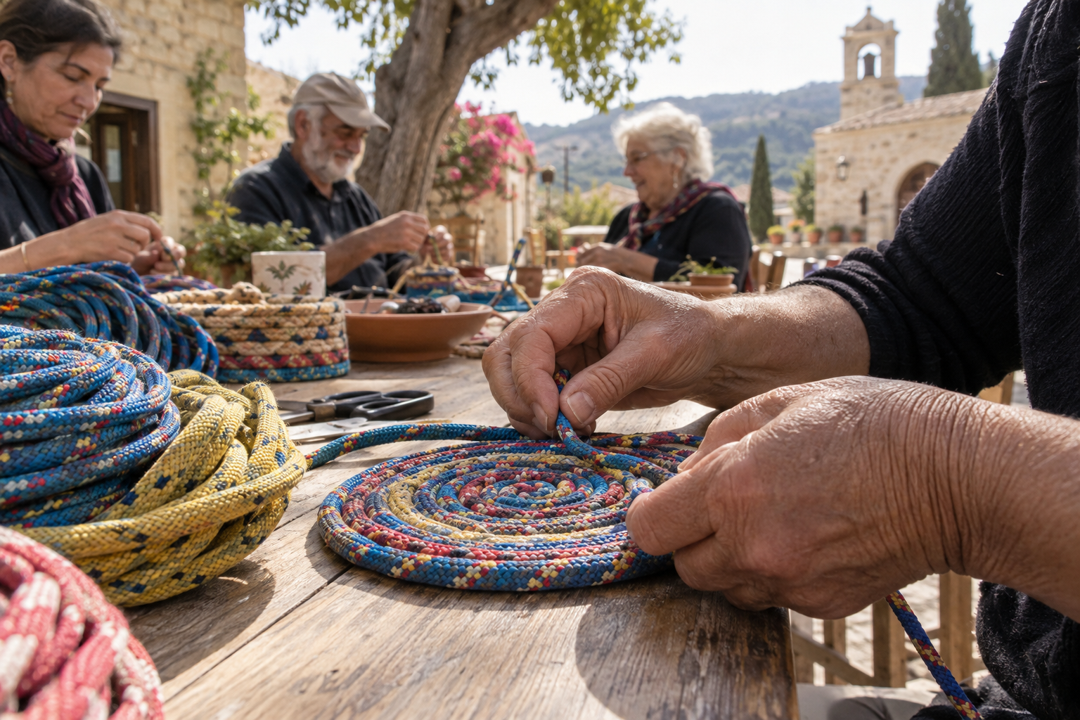 Hands weaving retired climbing rope during a village craft activity in Ineia