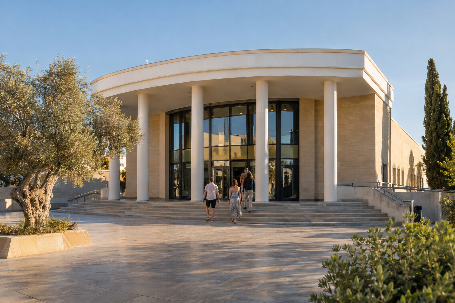 Markideio Municipal Theatre exterior in Paphos in warm afternoon light