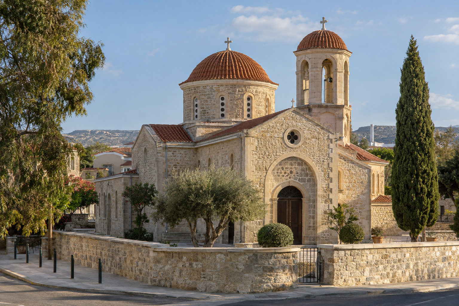 Stone exterior and domes of Panagia Chryseleousa church in Emba, Paphos district