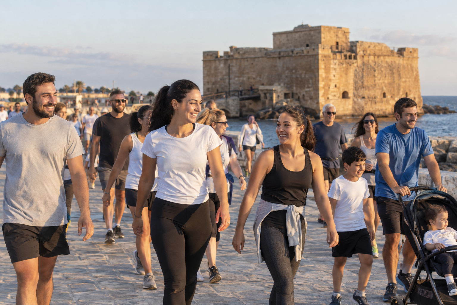 Illustrative community charity walk gathering at Paphos Castle Square