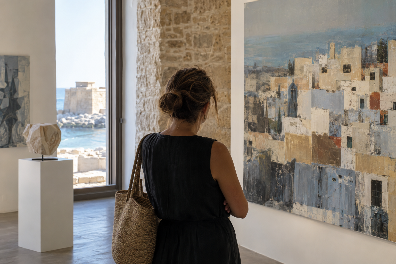 Illustrative contemporary art viewing scene for an October exhibition outing in Paphos