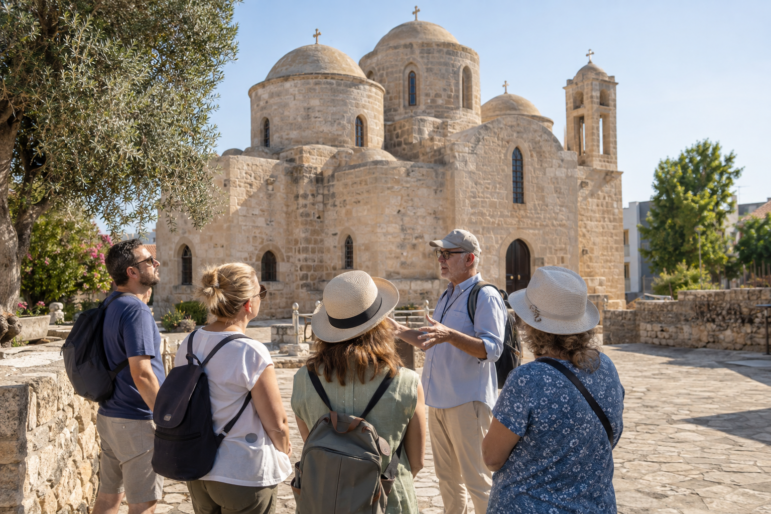 Illustrative view of visitors gathering near Agia Paraskevi Church for a Geroskipou neighbourhood walk