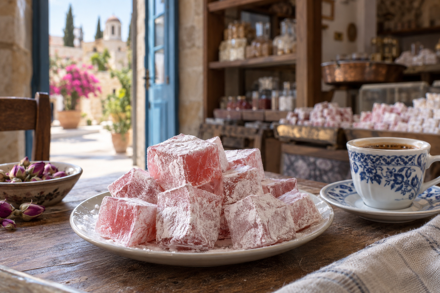 Traditional rose-flavoured Geroskipou loukoumi dusted with powdered sugar beside a coffee