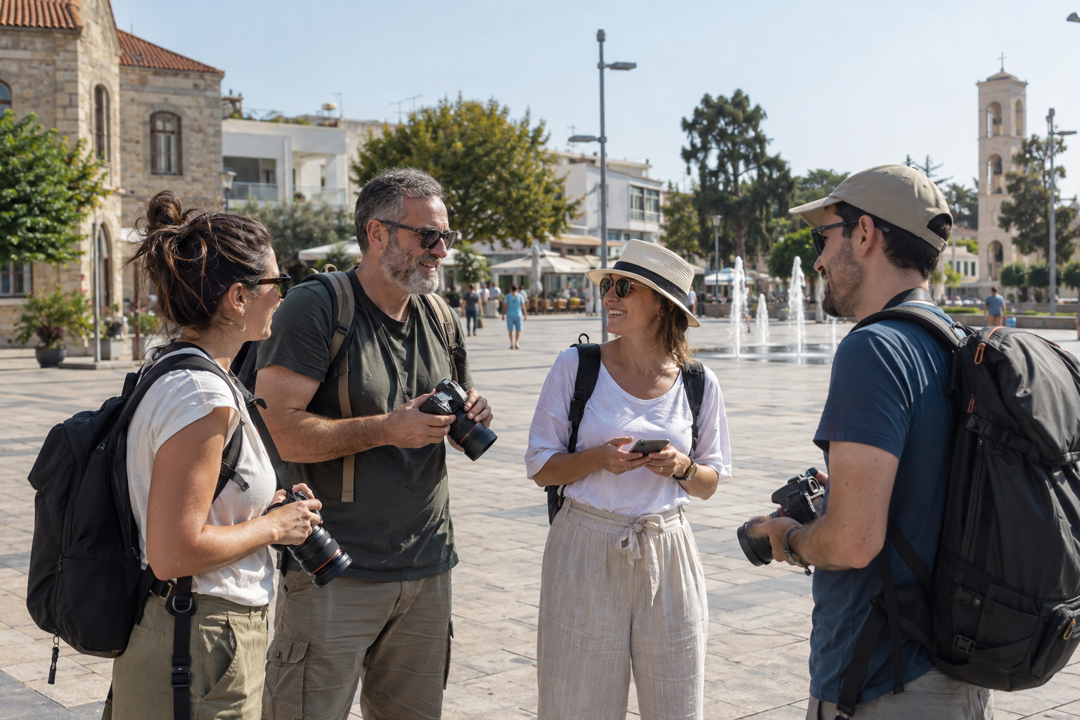 Illustrative group of camera and smartphone users gathering in Kennedy Square, Paphos