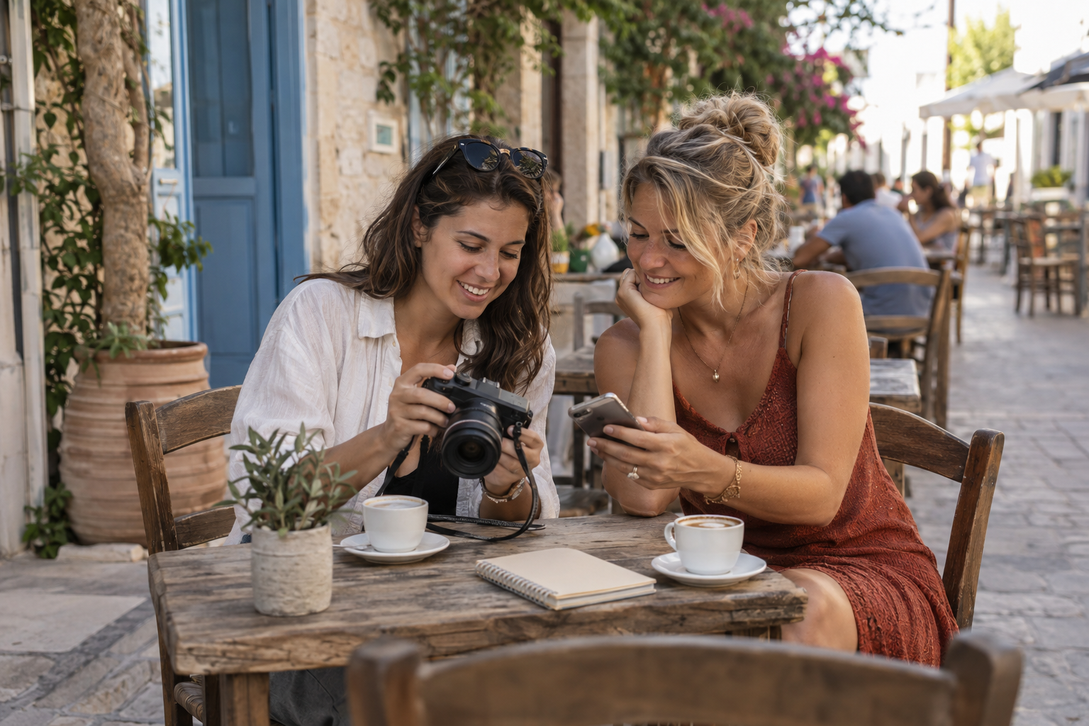 Friends comparing photographs over coffee after a Paphos photography walk